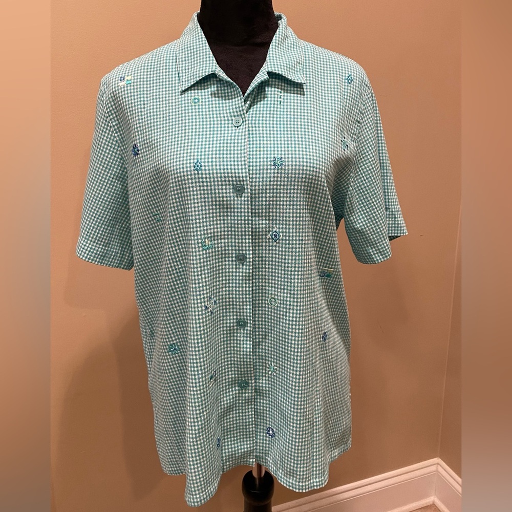 Vintage Koret Francisca Petite Women’s Blouse Size L Green White Check Embroider